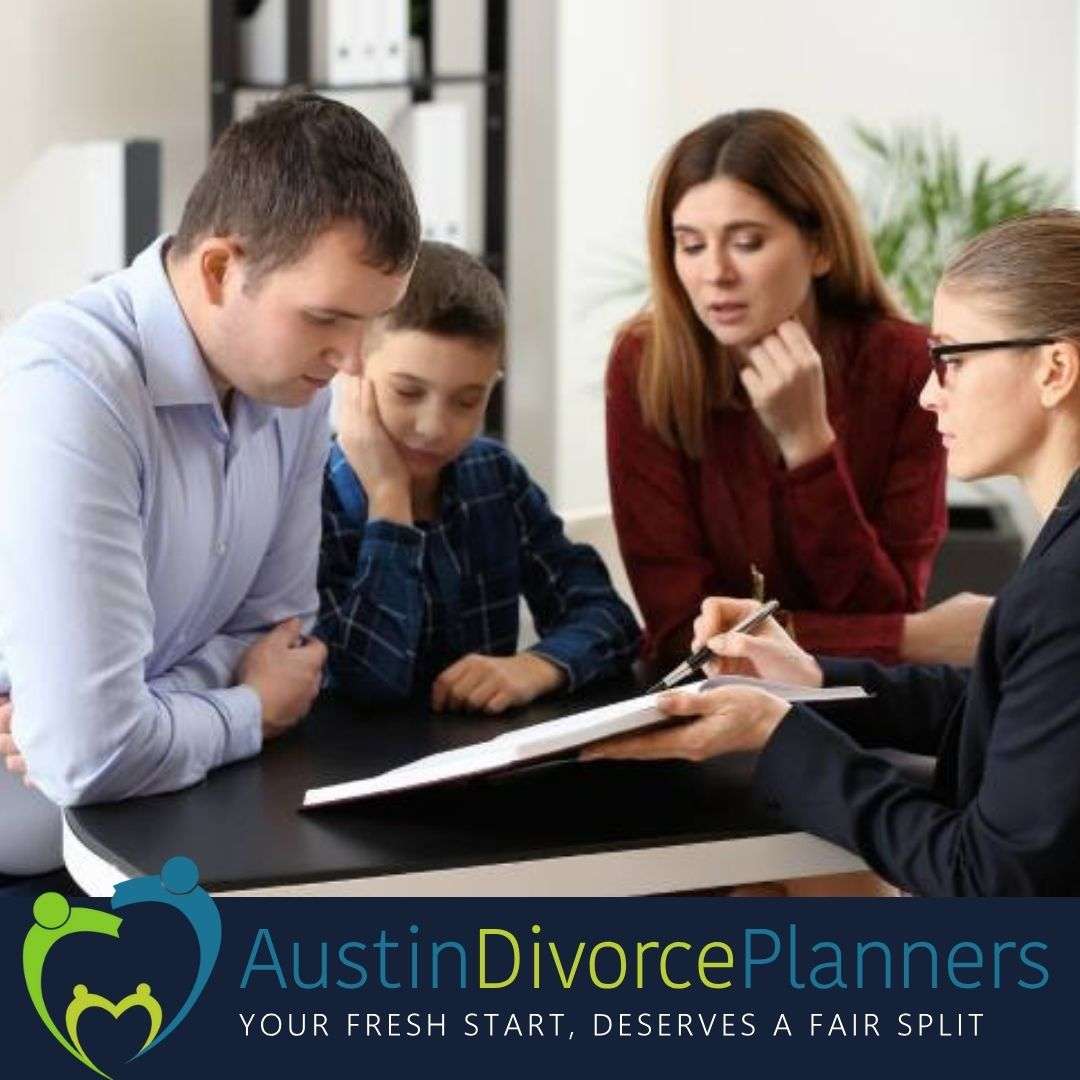 A couple and child sit with a Divorce Financial Analyst discussing extra curricular and College Expenses after Divorce.