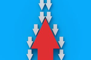A large red arrow pointing upward intersects with smaller white arrows pointing downward, symbolizing the challenges of finance and planning during divorce.