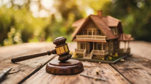 A judge’s gavel rests on a wooden table beside a model house, suggesting a legal decision related to property, finance, or real estate—often navigated with the help of a divorce financial planner.
