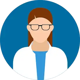 Illustration of a financial advisor with long brown hair, glasses, and a white lab coat on a blue circular background.