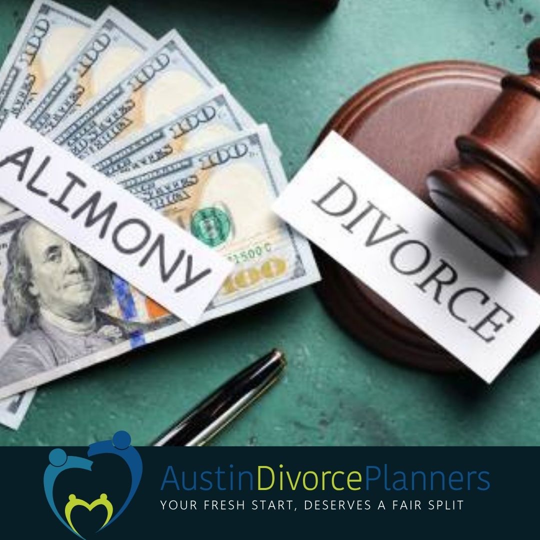 A gavel, pen, US dollar bills, and papers labeled Alimony and Divorce on a table; logo for Austin Divorce Planners appears at the bottom.