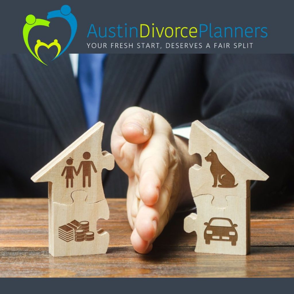 Hands separating two house-shaped puzzle pieces, illustrating divorce financial planning and marital asset division in a divorce settlement.