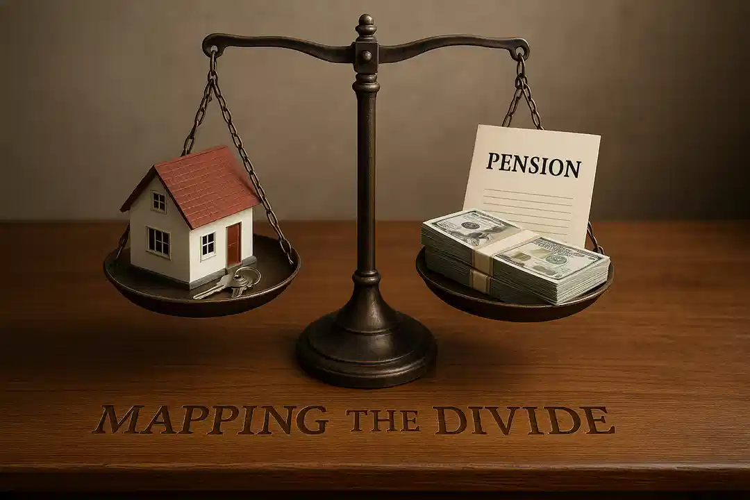 A balance scale with a house and keys on one side and a pension document with cash on the other, above the words Mapping the Divide.