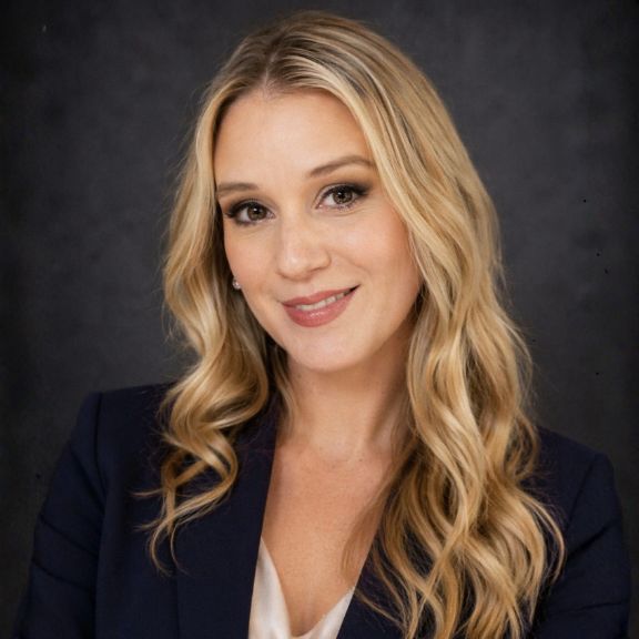 Woman with long blonde hair wearing a dark blazer and light top, smiling in front of a plain dark background.